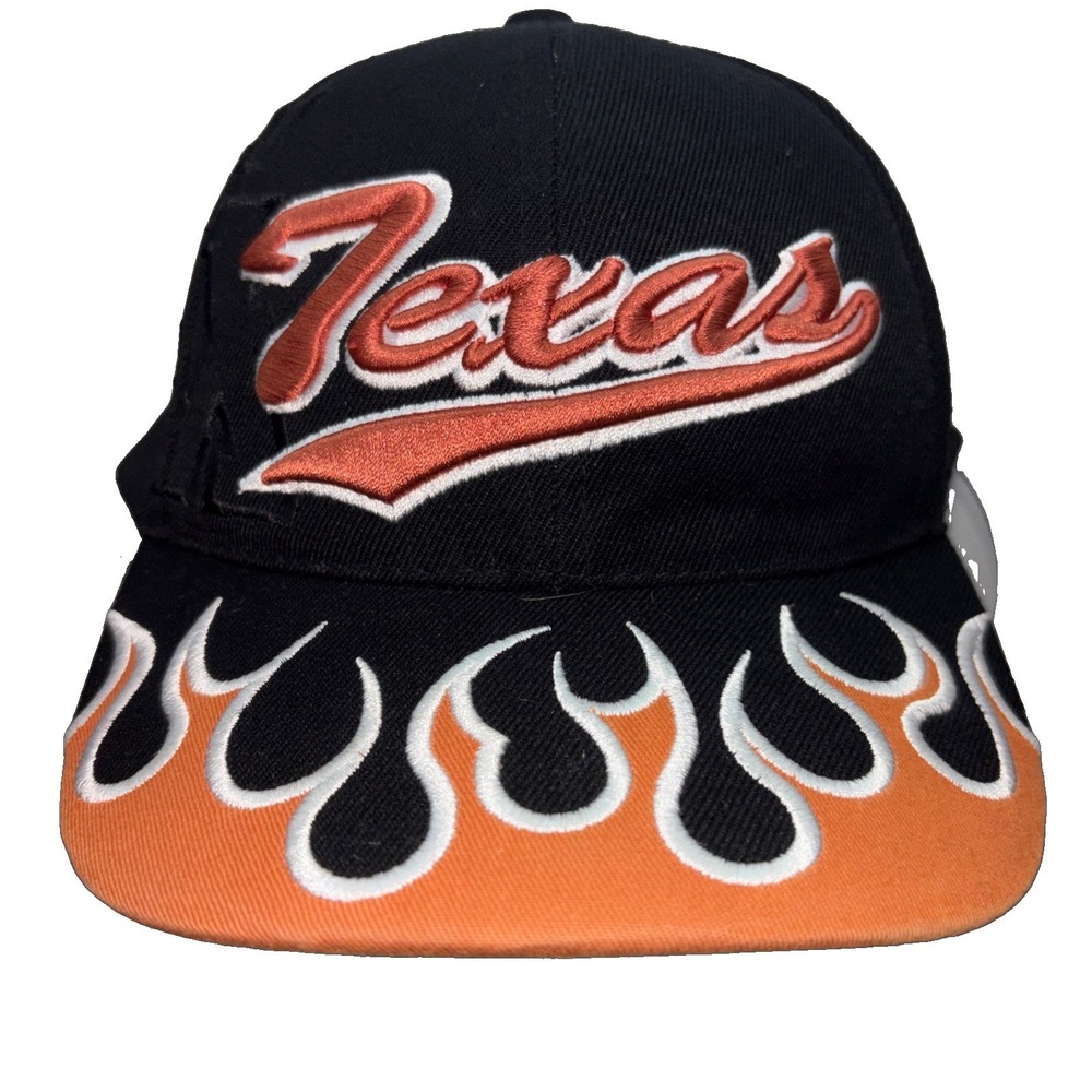 Texas Embroidered Black With Orange Flames Adjustable Truckers Hat Ball Cap